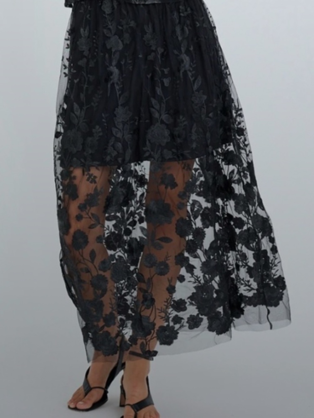 A VIEW Floral Lace Midi Skirt | Black Sheer Overlay | Size 34 / US 2